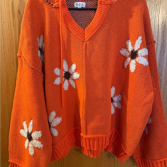 POL Sweaters - POL Orange V-Neck Sweater with White Floral Design